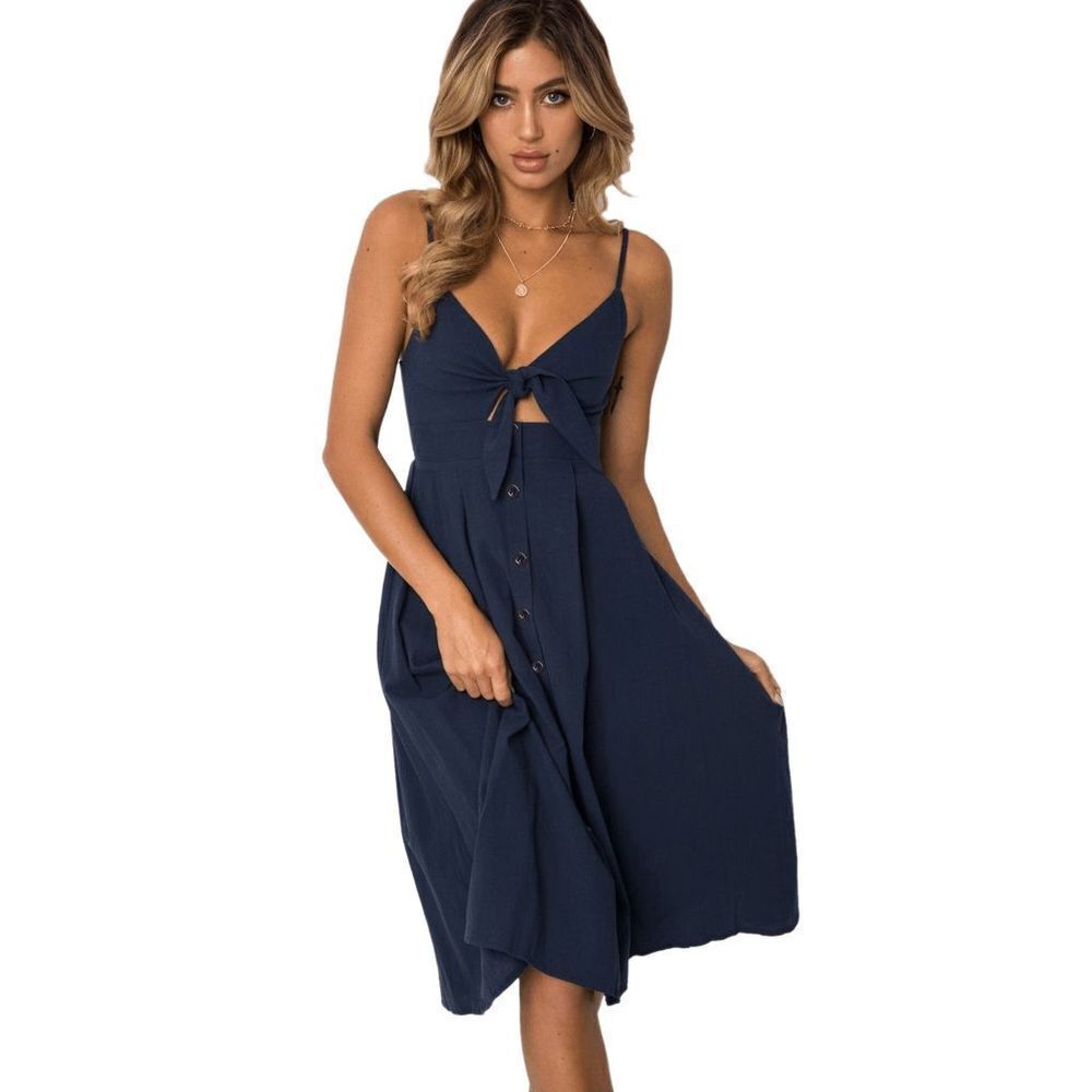 Women Dresses Summer Tie Front V-Neck Spaghetti Strap Button Down A-Line Backles